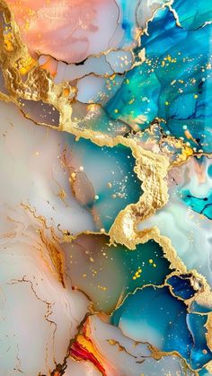 an abstract painting with gold, blue and pink colors on it's surface is featured in this image