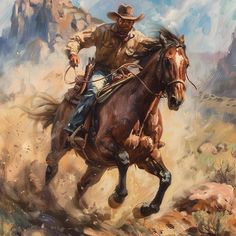 a man riding on the back of a brown horse through a dirt field next to a mountain