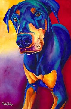 a painting of a dog on a red, yellow and blue background with an orange spot