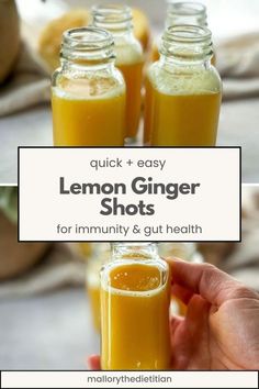 lemon ginger shots in mason jars with text overlay reading quick and easy lemon ginger shots for immunity & gut health