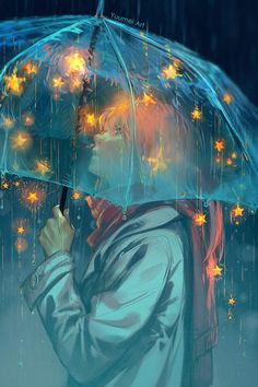 a woman holding an umbrella in the rain with stars all over her body and head