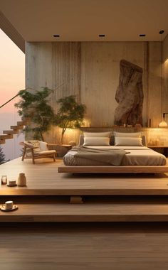 a large bed sitting on top of a wooden platform next to a wall mounted plant