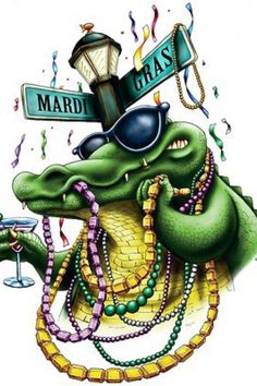 a drawing of a crocodile holding a wine glass with mardi gras on it