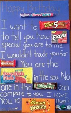 a birthday card with candy bars and writing on the wall in front of it that says, i want to tell you how special you are to