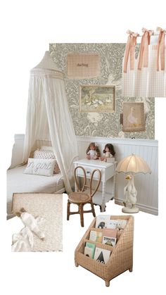 a collage of photos with dolls and furniture in it, including a canopy bed