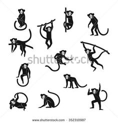 monkey silhouettes are shown in black and white, with different poses for each animal