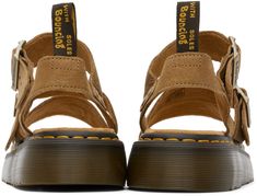 Grained leather sandals in tan. · Open toe · Pin-buckle strap at vamp and ankle · Logo-woven pull-loop at heel collar · Suede lining · Yellow stitching at heat-sealed Goodyear welt · Signature treaded Air Cushion rubber sole · Logo-engraved antiqued gold-tone hardware · Platform: H1.5 Supplier color: Savannah tan Goal Outfits, Black Sandals Flat, Goodyear Welt, Black Tan, Dr. Martens, Black And Tan, Black Sandals, Flat Sandals, Savannah Chat