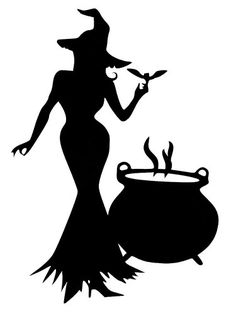 a silhouette of a witch with a caulder