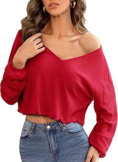 Women's Long Sleeve Tee Shirt V Neck Ribbed Knit Lettuce Trim Crop Top Lettuce Trim Top Outfit, Long Sleeve Tee Shirt, Trim Top, Long Sleeve Tee Shirts, Long Sleeve Tees Women, Back To School Outfits