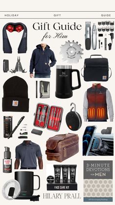 the gift guide for men is displayed in this graphic style, with many items to choose from