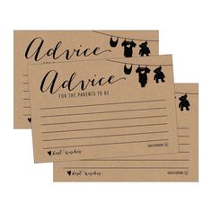 three brown postcards with black ink on them, one has an image of clothes and the other says advice advice for the parents to be