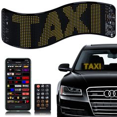 a taxi sign and remote control next to a car with the word taxi written on it