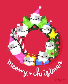 a merry christmas card with cats in the shape of a wreath and santa's hat