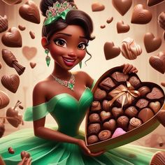 the princess and the frog is holding a heart shaped box of chocolates in front of hearts