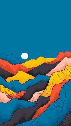 an abstract mountain scene with the moon in the sky