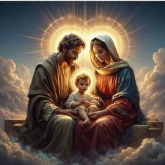 a painting of jesus and mary holding a child in their lap with the sun shining above them