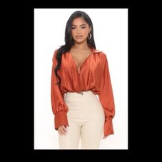 Brandnew Touch By Touch Satin Top - Rust Plunging Cowl Neckline With Collar And Cuff Sleeves 95% Polyester 5% Spandex 1 8 V Neck Tops, Fashion Casual, Blouses, Satin, V Neck, Silk, Orange, Black