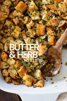 a casserole dish filled with butter and herb stuffing