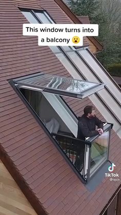 a woman standing on top of a balcony next to an open window with the words, this window turns into a balcony