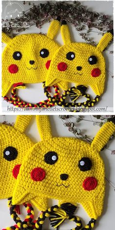 two knitted hats that have been made to look like pikachu pokemons