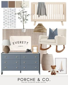 a baby's nursery with neutral colors and accessories