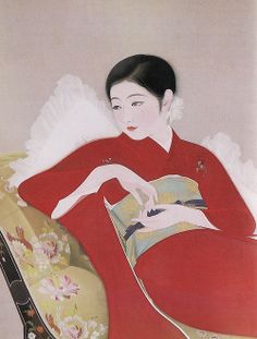 a painting of a woman in red sitting on a couch with her hand on the pillow