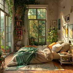 a bed sitting in a bedroom next to a window filled with lots of green plants