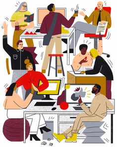 an illustration of people sitting at desks and working on computers