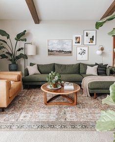 a living room with green couches and pictures on the wall above, along with plants