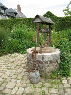 an old fashioned water pump sitting in the middle of a brick walkway next to a garden