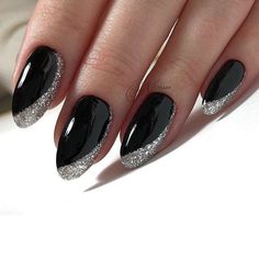 Black And Silver Nails, Nails With Glitter, Black Acrylic Nails, Nail Designs Glitter, Silver Nails, Elegant Nails, Classy Nails