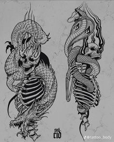 two black and white drawings of skeletons with dragon heads on their backs, one holding a skeleton