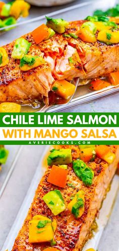 One of the best salmon recipes you'll ever try! It's easy and ready in just 15 minutes. Served with mango avocado salsa, this Chile Lime Salmon is bursting with Mexican flavors. Put this on your Lent meal ideas! Chile Lime Salmon, Salmon With Mango Avocado Salsa, Salmon Mexican Style, Lent Meal Ideas, Best Salmon Recipes, Lime Salmon Recipes, Salmon With Mango Salsa, Healthy Seafood Dishes, Chili Lime Salmon