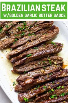 grilled steak on a white platter with green garnish