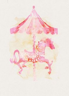 a watercolor drawing of a carousel with a pink horse on it's back