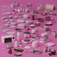 an assortment of kitchen appliances and utensils on a pink background