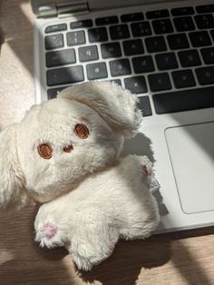 a white teddy bear sitting in front of a laptop computer