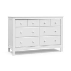 a white dresser with six drawers and two doors on one side, in front of a white background