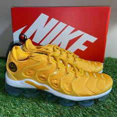 Womens Nike Air Vapormax Plus Go The Extra Smile Pollen Yellow Do5874-700 Size Nike Yellow Running Shoes With Translucent Outsole, Air Max Cushioned Sneakers With Round Toe, Breathable Custom Nike Sneakers, Nike Air Max Synthetic Round Toe, Nike Air Max With Synthetic Material And Round Toe, Nike Air Max With Round Toe In Synthetic, Yellow Custom Sneakers With Translucent Outsole For Sports, Casual Nike Air Max For Sports, Yellow Running Shoes With Air Max Cushioning