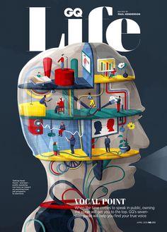 a magazine cover with an image of a person's head and various things on it