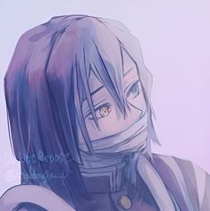 an anime character with purple hair and blue eyes, wearing a scarf around his neck