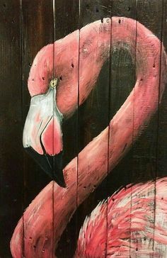 a painting of a pink flamingo on wood planks