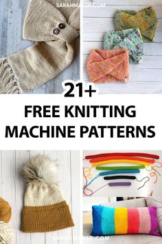 knitted hats and scarves with text overlay reading 21 free knitting machine patterns