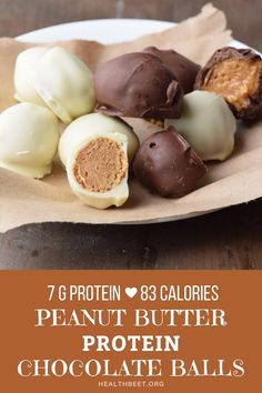 chocolate covered peanut butter protein balls on a plate with text overlay that reads, 7 protein & 8 calories peanut butter protein