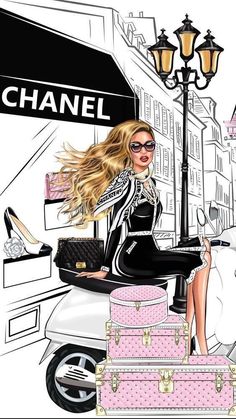 a drawing of a woman sitting on a scooter in front of a chanel store