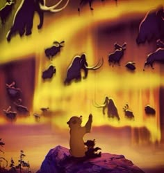 an animated scene with various animals in the background, including elephants and rhinos on rocks