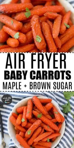 air fryer baby carrots in a white bowl on top of a blue and white striped napkin