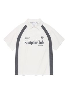 a white polo shirt with the words saintpain club on it and black trims