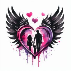 an image of a couple holding hands with wings in the shape of a heart and watercolor splashes