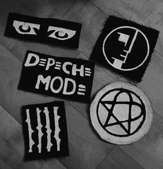 four patches with the words depeche mode written in white on them and an image of a pentagram